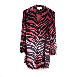 Michelle Mason Dress Womens 4 Pink Black Velvet Zebra Wrap Mini Long Sleeve